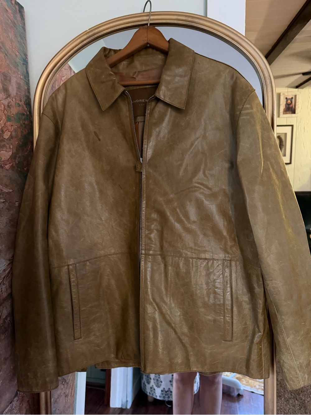 Andrew Marc Olive/Brown Leather Zip Bomber Jacket